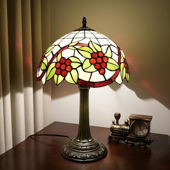 Tiffany Style Lamp Stained Glass Table Lamp 12" Green Leaves Red Grapes Art - Picture 2 of 7